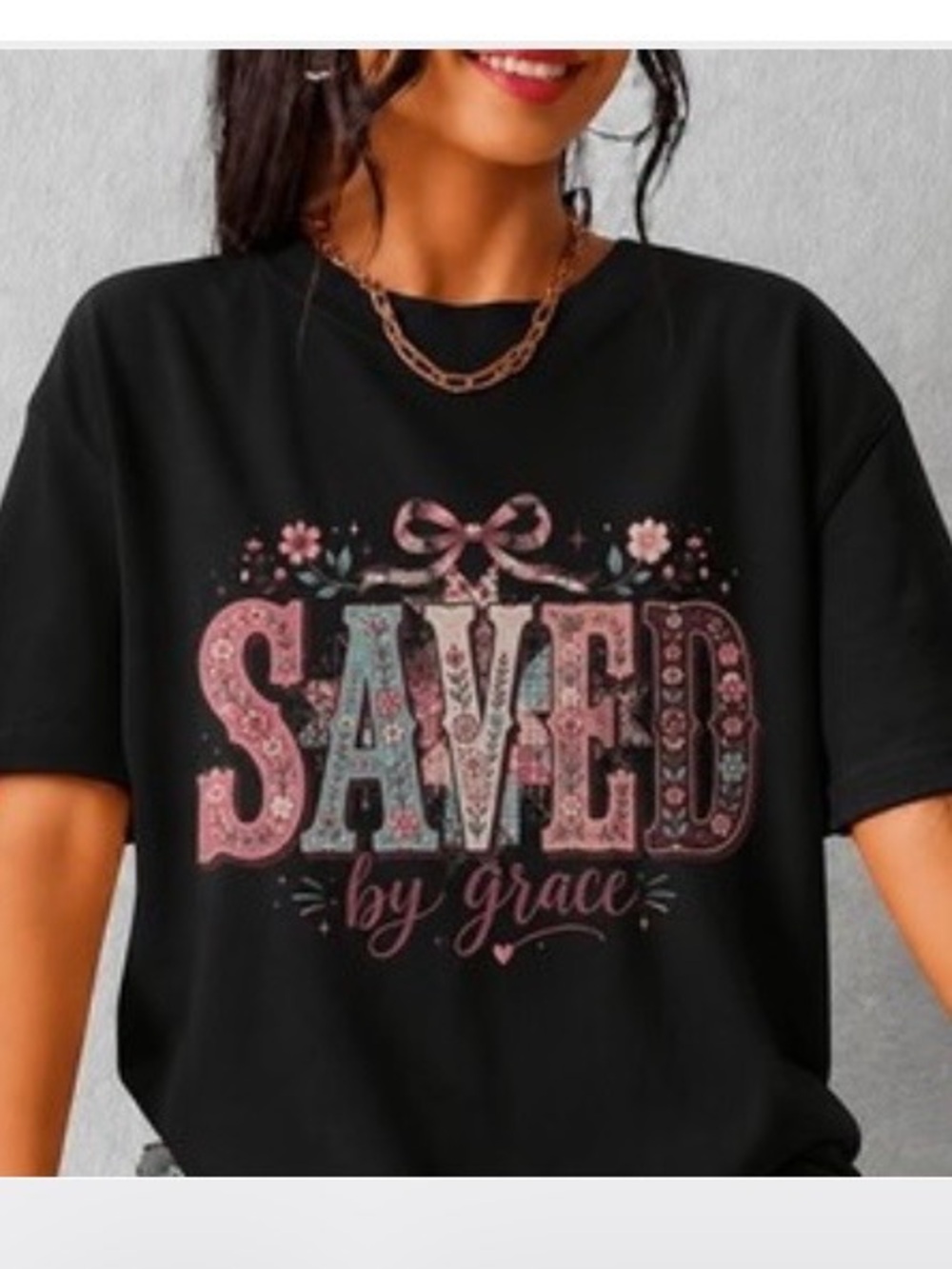 Saved by Grace Floral Graphic Tee - Black t-shirt women